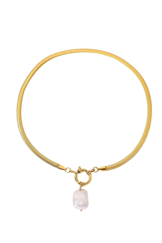 Ares 18k Gold Plated Pearl Herringbone Chain Necklace