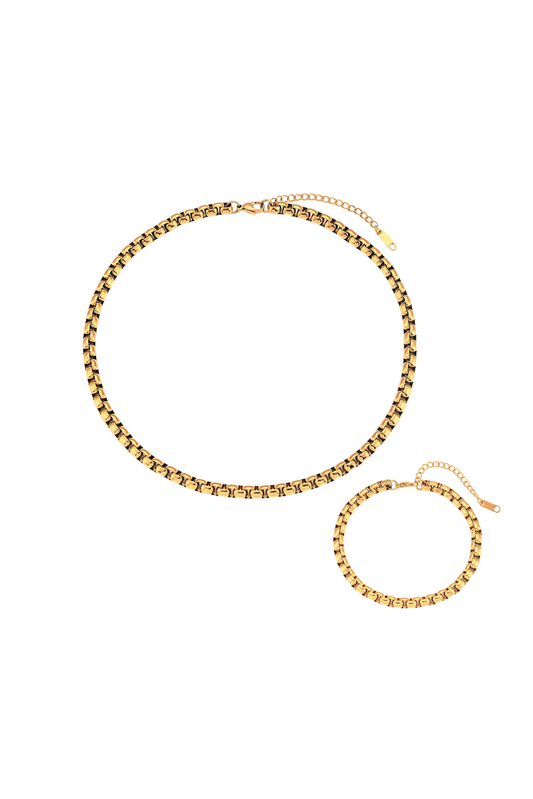 Zaida 18k Gold Plated Box Chain Necklace and Bracelet Set